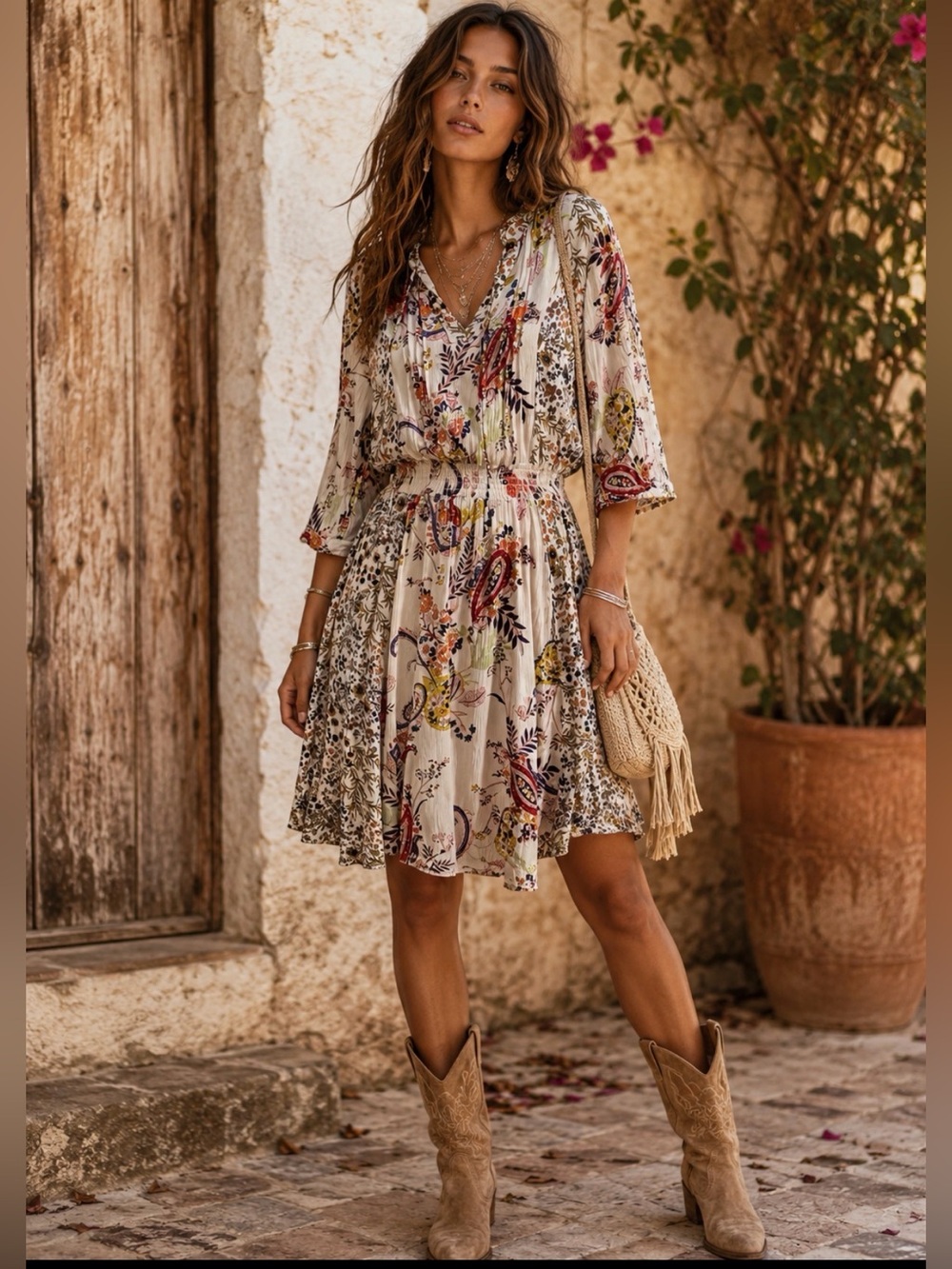 Fig & Flower Boho Floral Paisley Dress Smocked Waist Split V-Neck